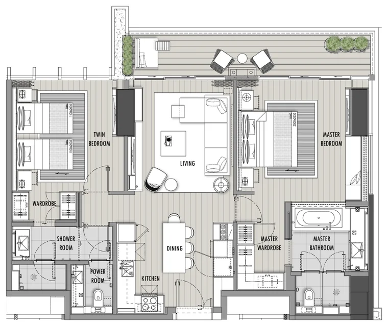 Mặt bằng căn hộ 2 phòng ngủ 116 m² Hoiana Residences loại A, tháp 1