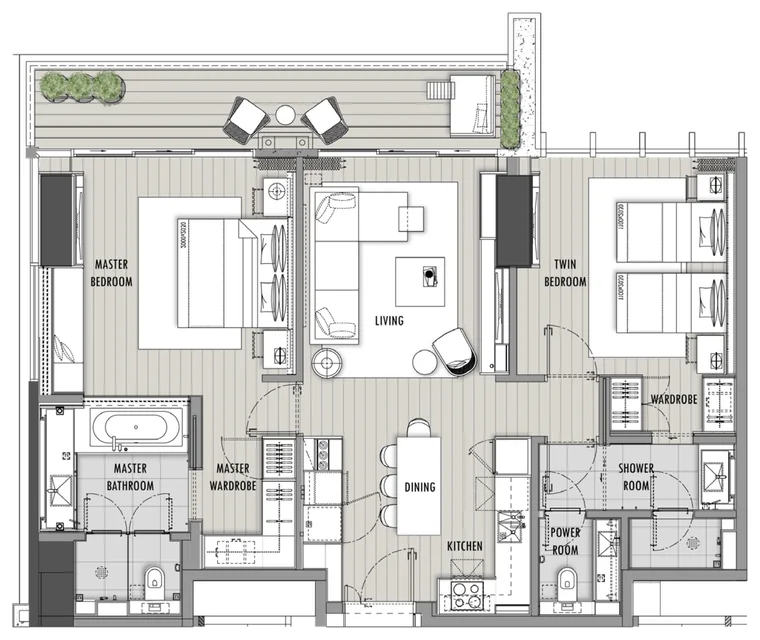 Mặt bằng căn hộ 2 phòng ngủ 117 m² Hoiana Residences loại B, tháp 2
