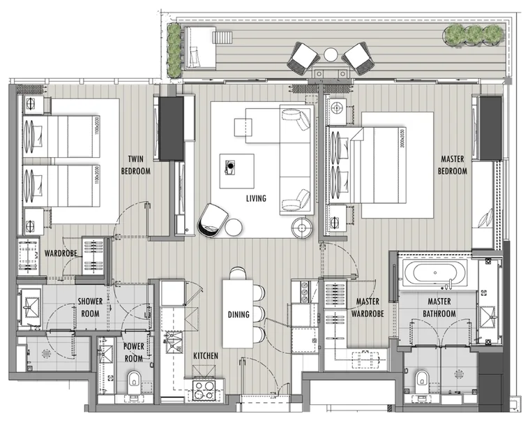 Mặt bằng căn hộ 2 phòng ngủ 118 m² Hoiana Residences loại C, tháp 2