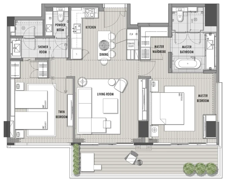 Mặt bằng căn hộ 2 phòng ngủ 120 m² Hoiana Residences loại D, tháp 1