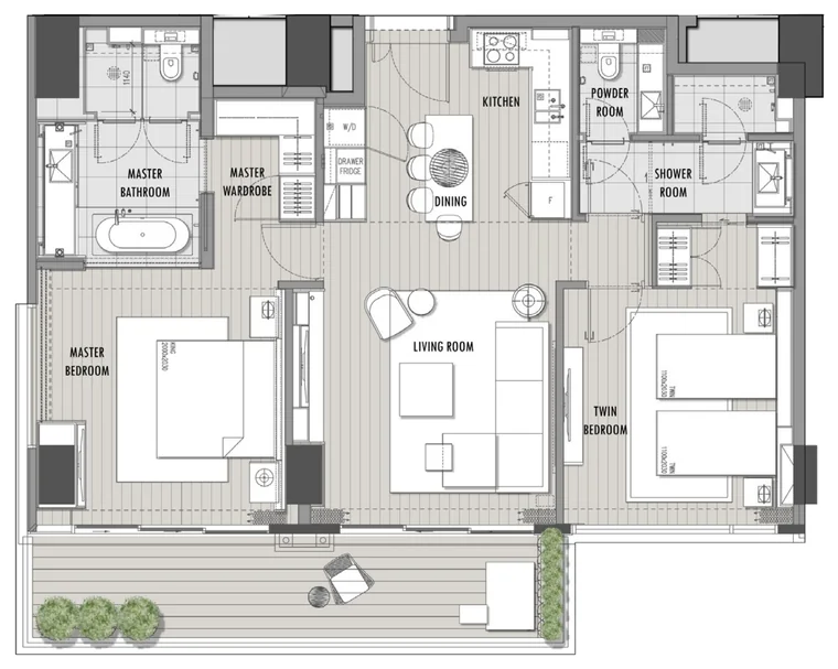 Mặt bằng căn hộ 2 phòng ngủ 121 m² Hoiana Residences loại E, tháp 1