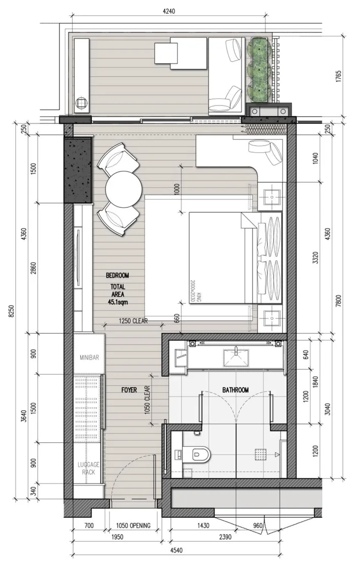 Mặt bằng căn Studio 48 m² Hoiana Residences tháp 1: phòng ngủ, phòng tắm, khu sinh hoạt