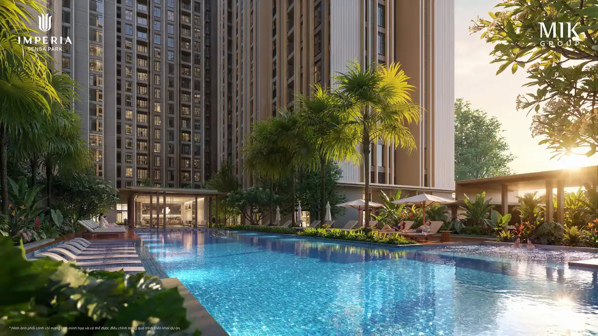 Bể sục Jacuzzi và hồ bơi lúc hoàng hôn, khu tiện ích ngoài trời phân khu cao tầng Imperia Sensa Park