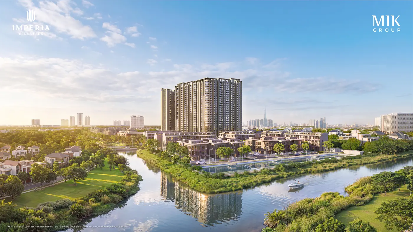 Imperia Sensa Park bên sông Rạch Chiếc, phía xa là Landmark 81 và trung tâm TP.HCM