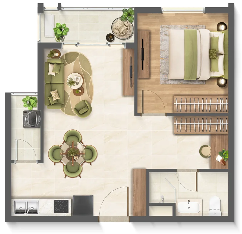 Layout căn hộ 1 phòng ngủ + loại A1 Imperia Sensa Park: phòng ngủ, phòng khách, bếp và logia