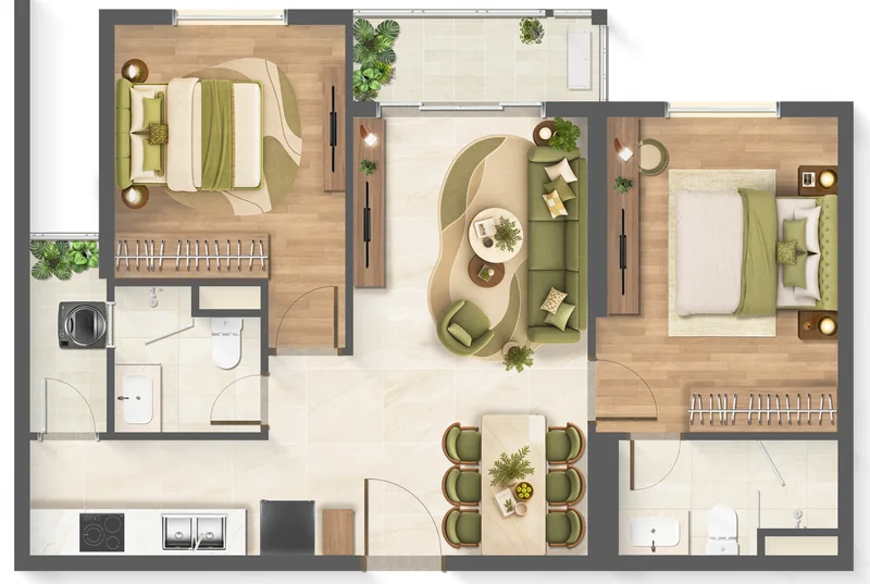 Layout căn hộ 2 phòng ngủ loại B1 Imperia Sensa Park