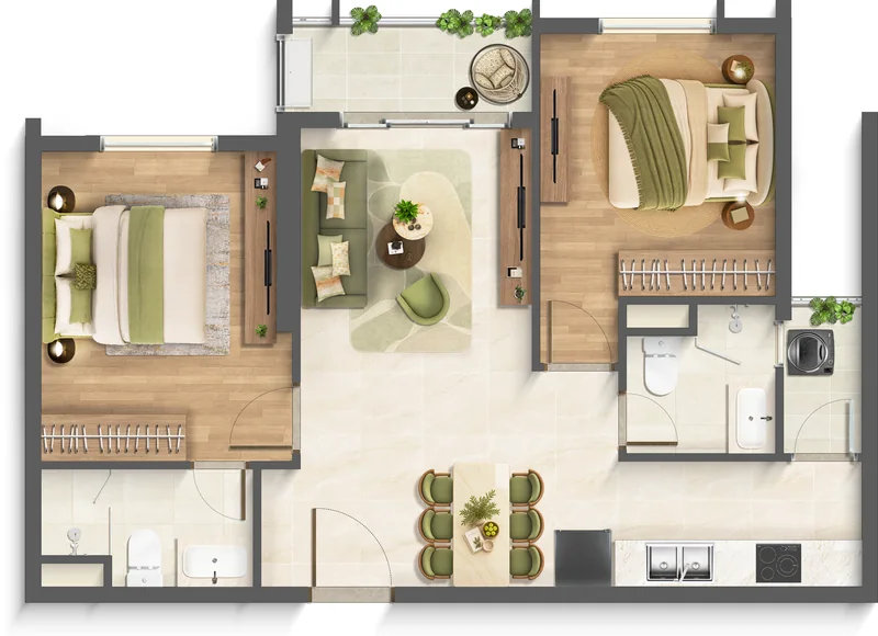 Layout căn hộ 2 phòng ngủ loại B3 Imperia Sensa Park