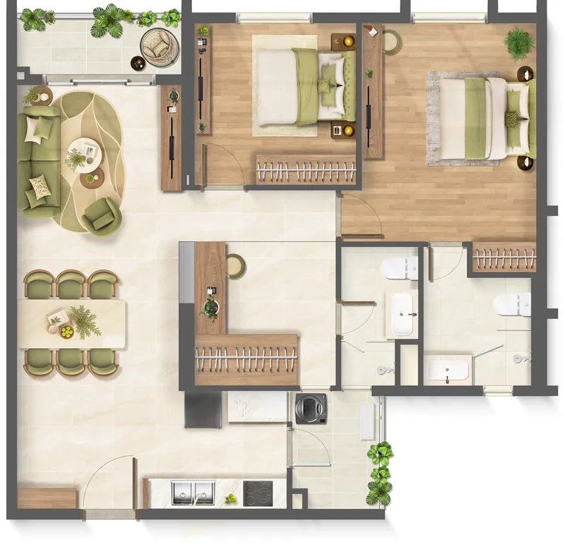Layout căn hộ 2 phòng ngủ loại C1 Imperia Sensa Park