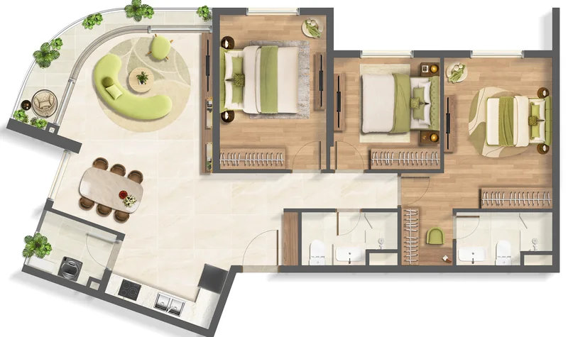 Layout căn hộ 3 phòng ngủ loại D2 Imperia Sensa Park, góc ban công bo cong