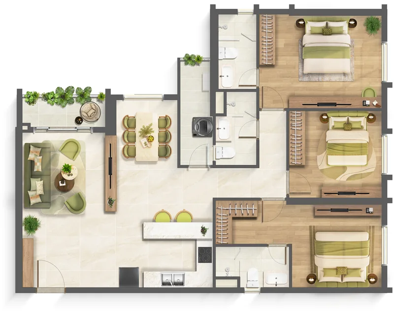 Layout căn hộ 3 phòng ngủ loại E2 Imperia Sensa Park