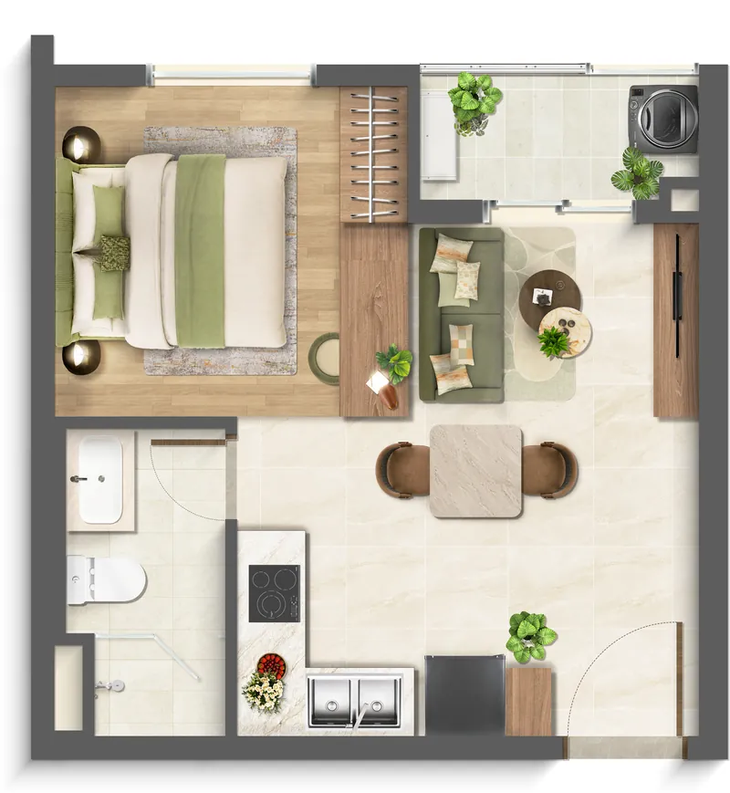 Layout căn hộ Studio loại S1 Imperia Sensa Park: giường ngủ, bếp và khu sinh hoạt liền mạch