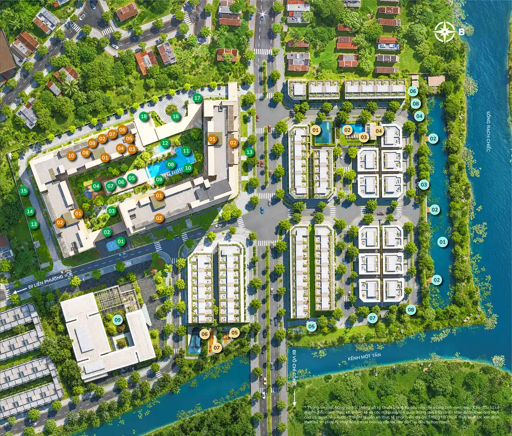 Mặt bằng tổng thể Imperia Sensa Park: tháp căn hộ The Sensa hình vòng cung và phân khu thấp tầng The Sensa Villas ven sông