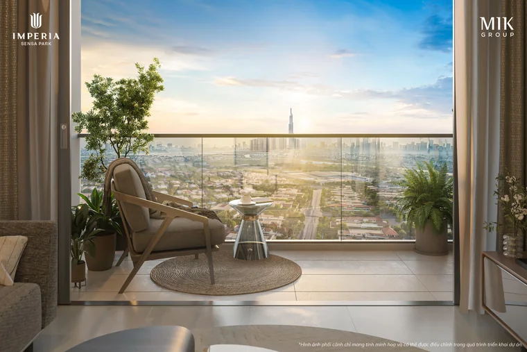 Ban công căn 1PN+ Imperia Sensa Park nhìn về Landmark 81 lúc hoàng hôn