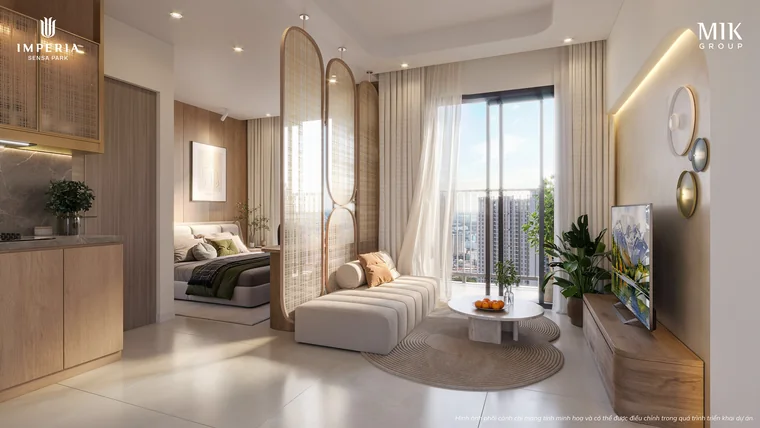 Nội thất mẫu căn Studio Imperia Sensa Park: vách ngăn cong tách giường ngủ khỏi khu sofa