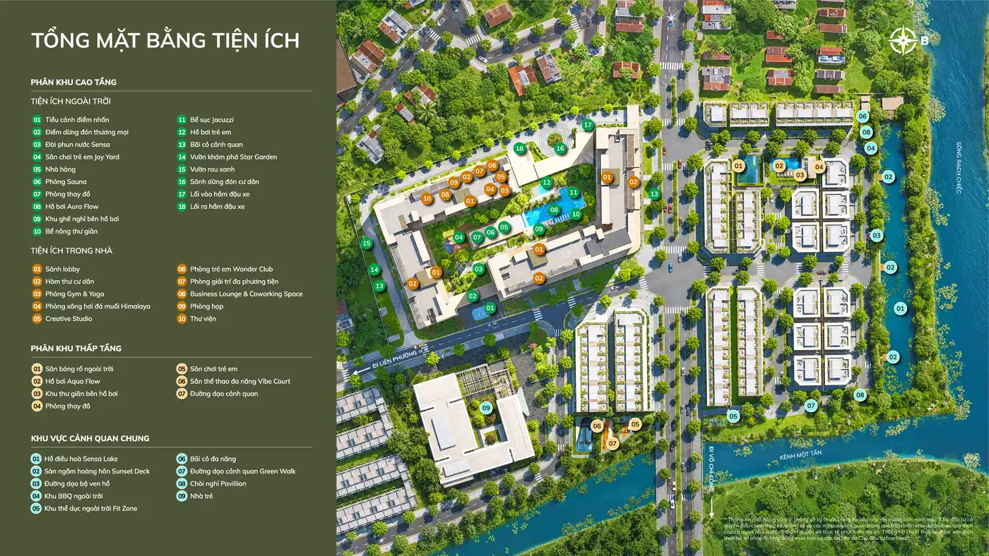 Tổng mặt bằng tiện ích Imperia Sensa Park: 44 tiện ích phân khu cao tầng, thấp tầng và cảnh quan chung quanh hồ Sensa Lake