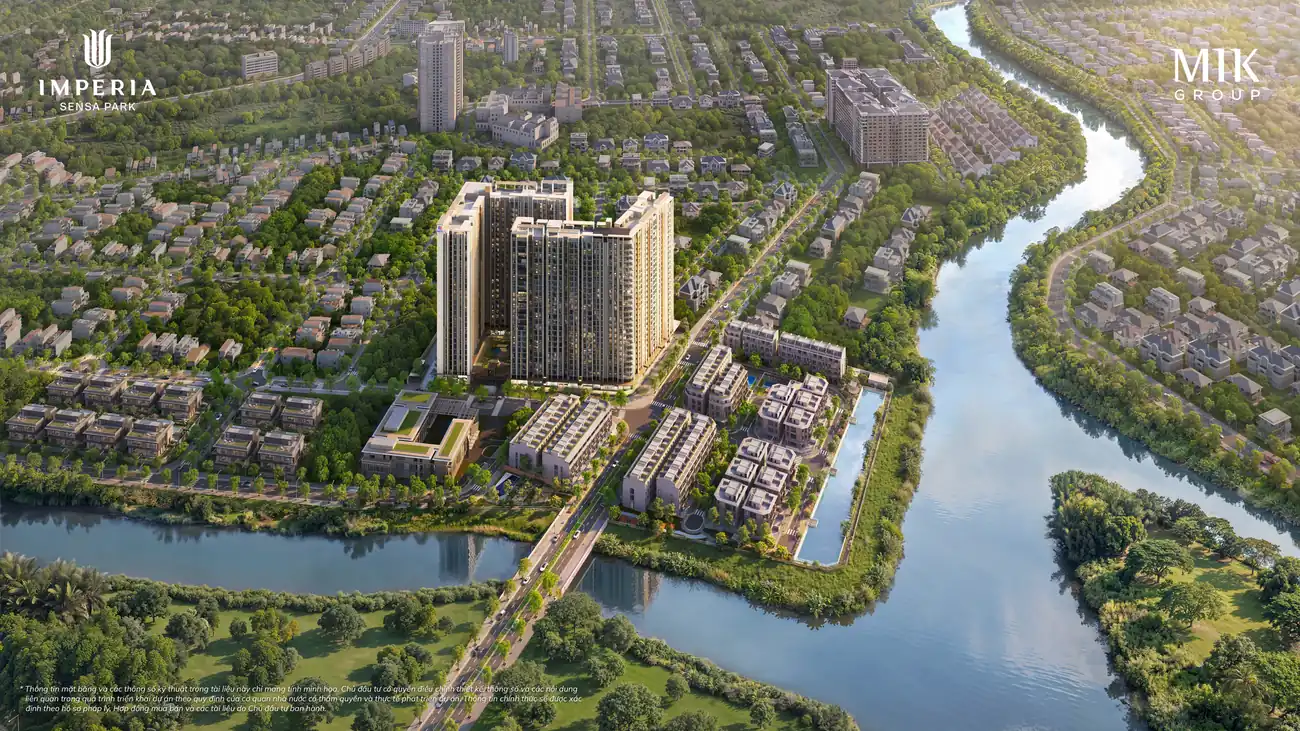 Toàn cảnh Imperia Sensa Park từ trên cao: 2 tháp căn hộ, nhà phố và biệt thự giữa sông Rạch Chiếc và kênh Một Tấn