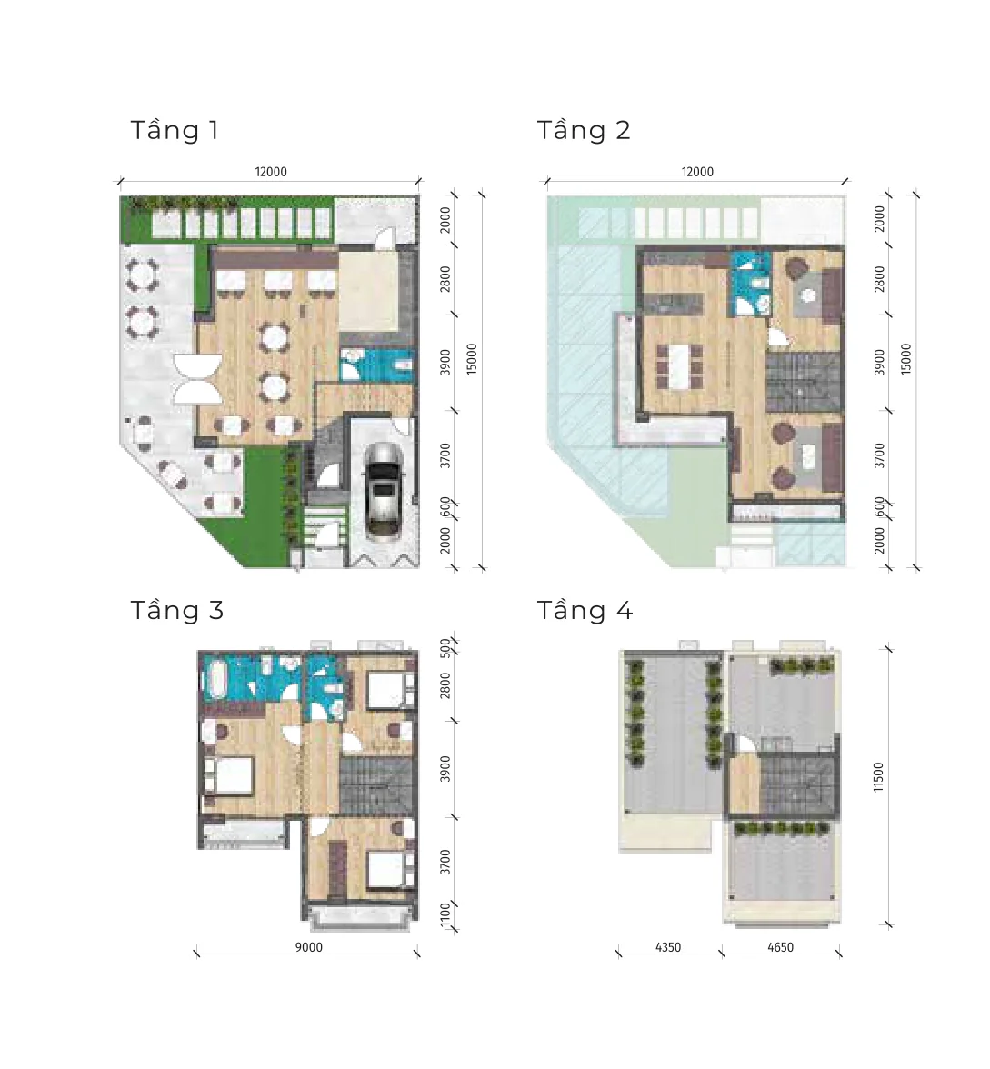 Mặt bằng các tầng Biệt thự thương mại SV LA Home, 12×15 m, đất 167,5 m², sàn 261,1 m², 4 tầng