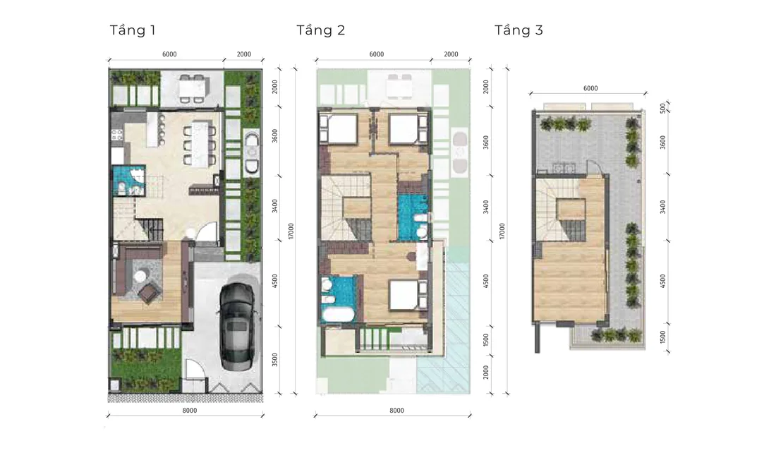 Mặt bằng các tầng Biệt thự ven kênh CV1 LA Home, 8×17 m, đất 136 m², sàn 168,7 m², 3 tầng