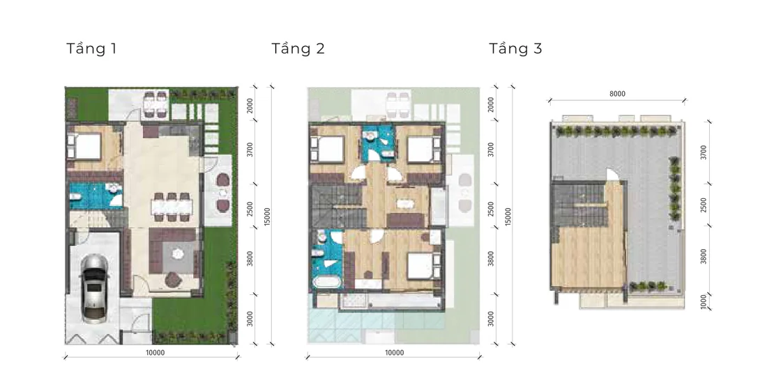 Mặt bằng các tầng Biệt thự ven kênh CV2 LA Home, 10×15 m, đất 150 m², sàn 187,5 m², 3 tầng