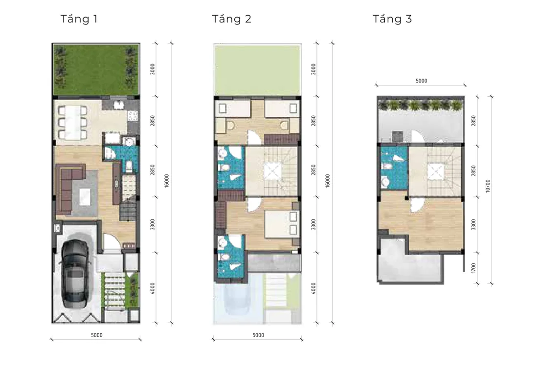 Mặt bằng các tầng Nhà phố liên kế TH1 LA Home, 5×16 m, đất 80 m², sàn 131,2 m², 3 tầng