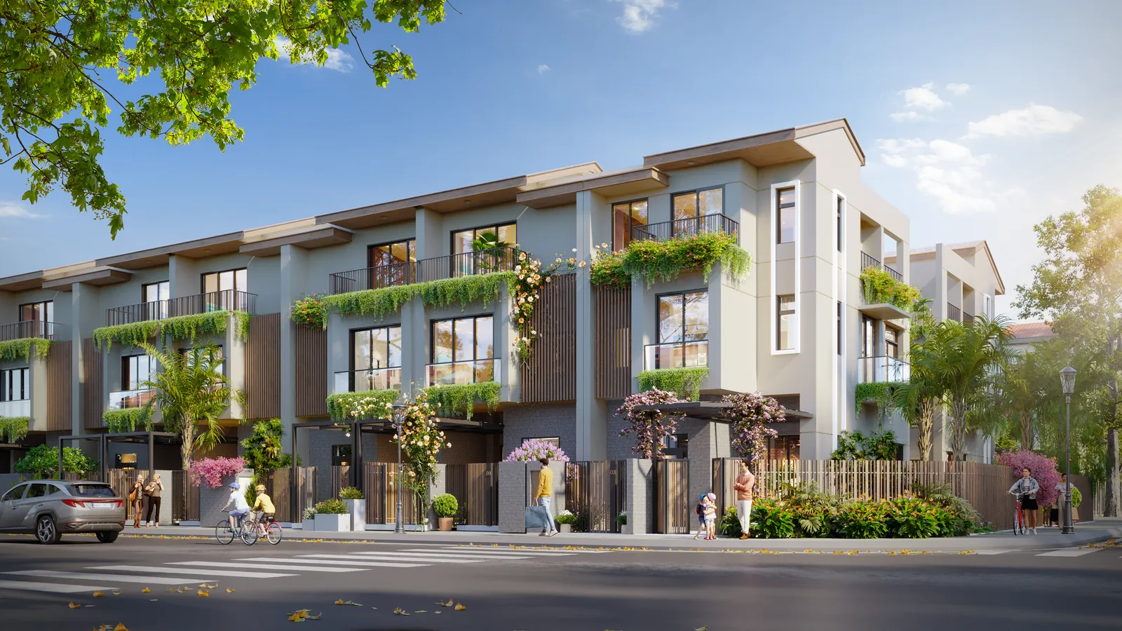 Dãy nhà phố liên kế TH2 LA Home trên đường nội khu, ban công cây xanh, hàng cây hai bên