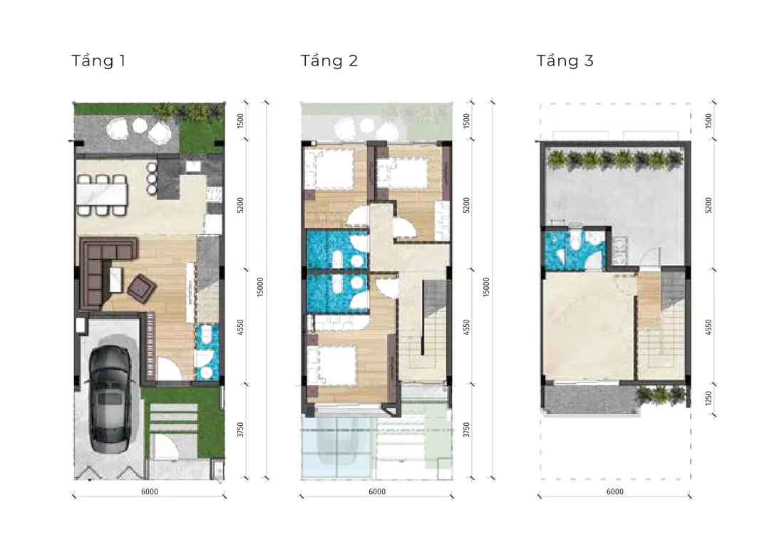 Mặt bằng các tầng Nhà phố liên kế TH2 LA Home, 6×15 m, đất 90 m², sàn 152,8 m², 3 tầng