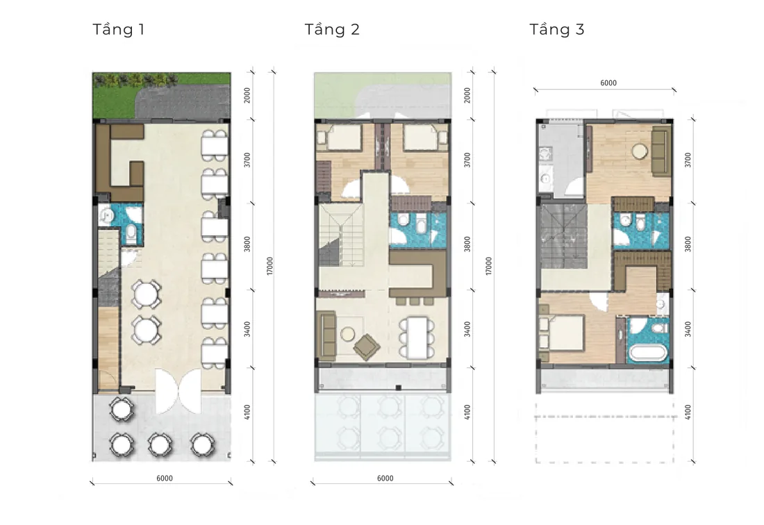 Mặt bằng các tầng Nhà phố thương mại SH1 LA Home, 6×17 m, đất 102 m², sàn 216,1 m², 3 tầng