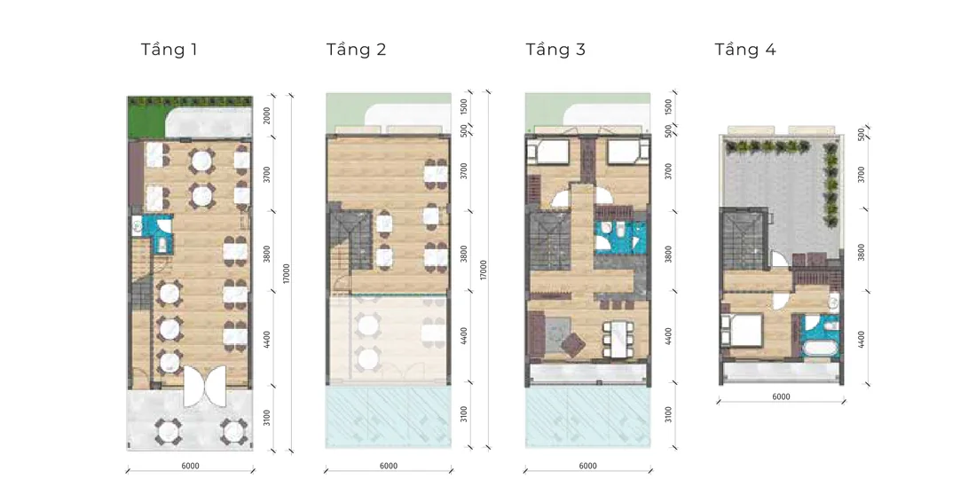 Mặt bằng các tầng Nhà phố thương mại SH2 LA Home, 6×17 m, đất 102 m², sàn 233,9 m², 4 tầng