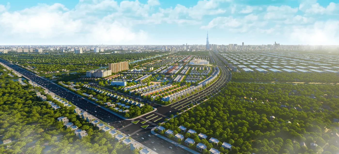 Phối cảnh tổng thể LA Home bên đường Lương Hòa – Bình Chánh, giữa mảng cây xanh, phía xa là trung tâm TP.HCM