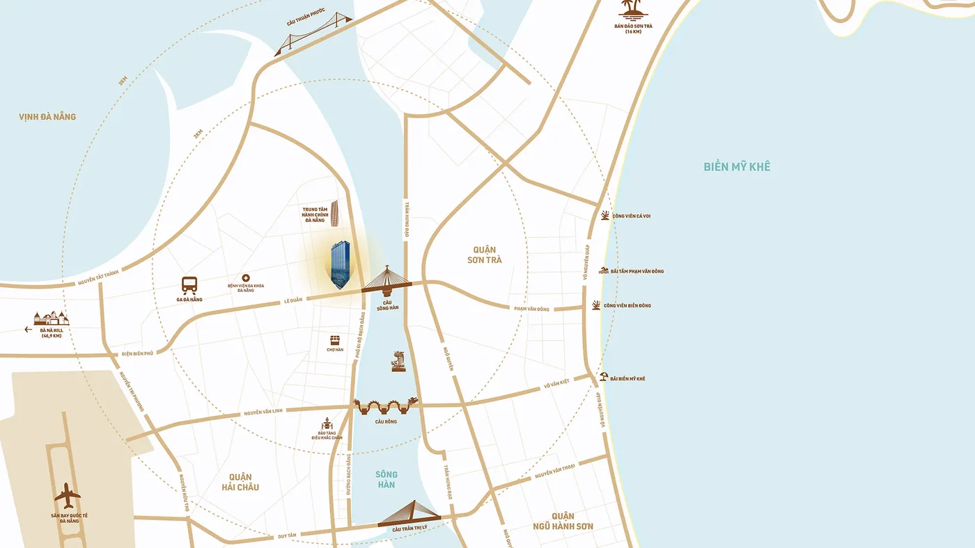 Bản đồ vị trí M Landmark Residences tại 58 Bạch Đằng, kết nối cầu Rồng, chợ Hàn, sân bay quốc tế Đà Nẵng