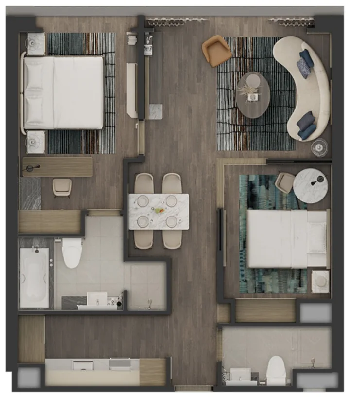 Layout căn hộ 2 phòng ngủ 75,6 – 76,4 m² M Landmark Residences, căn số 03, 07, 08, 11, 16