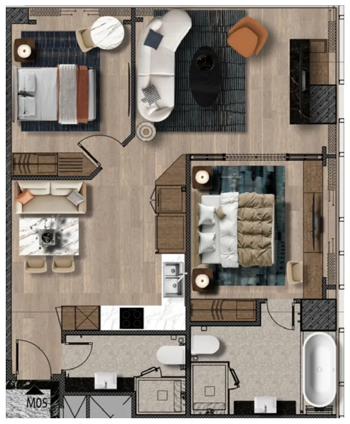 Layout căn góc 2 phòng ngủ 88,8 m² M Landmark Residences, căn số 05, 06, 17, 18