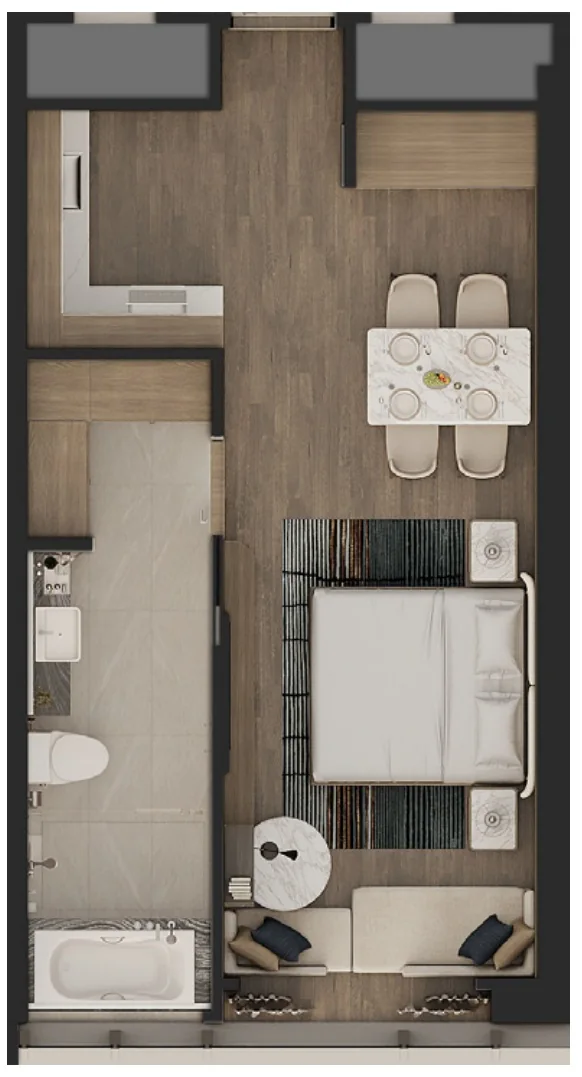 Layout căn Studio 43,9 – 44,2 m² M Landmark Residences, căn số 02 và 19, có bồn tắm