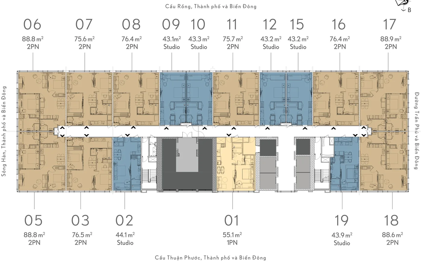 Mặt bằng tầng điển hình tầng 31 M Landmark Residences: 16 căn gồm 6 Studio, 1 căn 1PN, 9 căn 2PN kèm hướng view