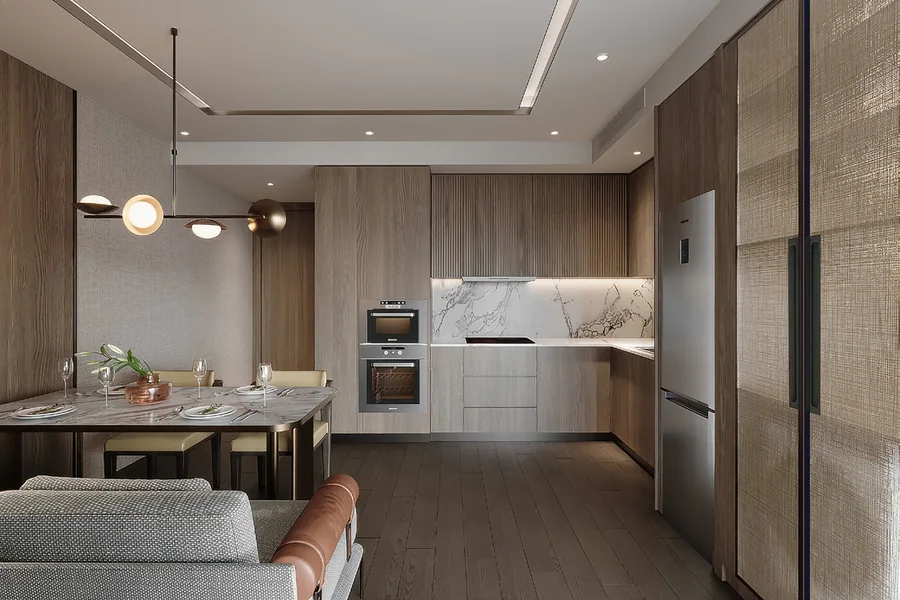 Phối cảnh nội thất bếp và bàn ăn căn hộ M Landmark Residences