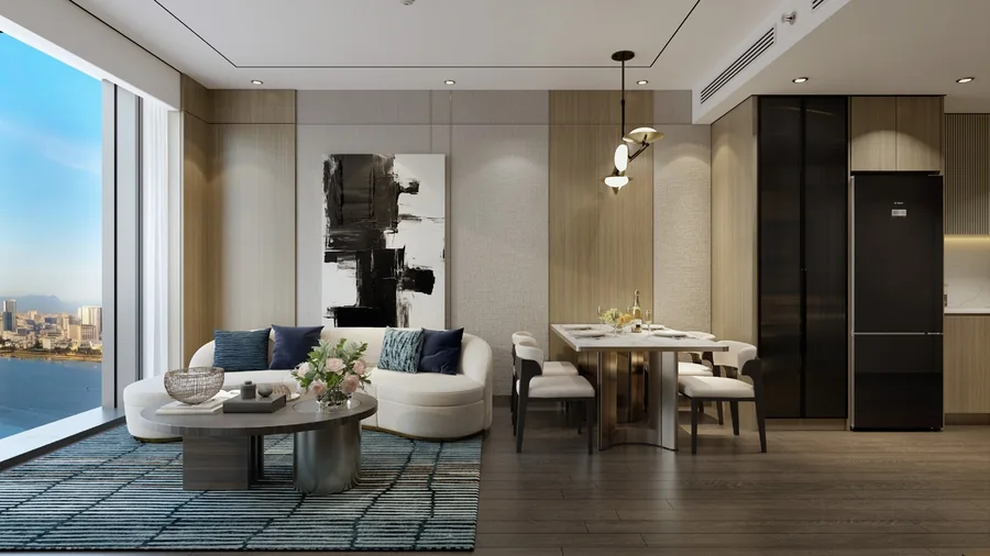 Phối cảnh nội thất phòng khách liền bàn ăn căn hộ M Landmark Residences