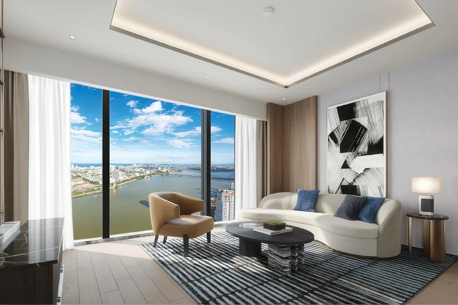Phối cảnh nội thất phòng khách căn hộ M Landmark Residences, khung kính nhìn ra sông Hàn