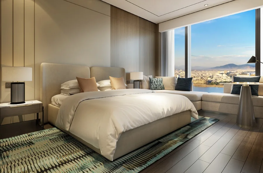 Phối cảnh nội thất phòng ngủ căn hộ M Landmark Residences nhìn ra sông Hàn và thành phố
