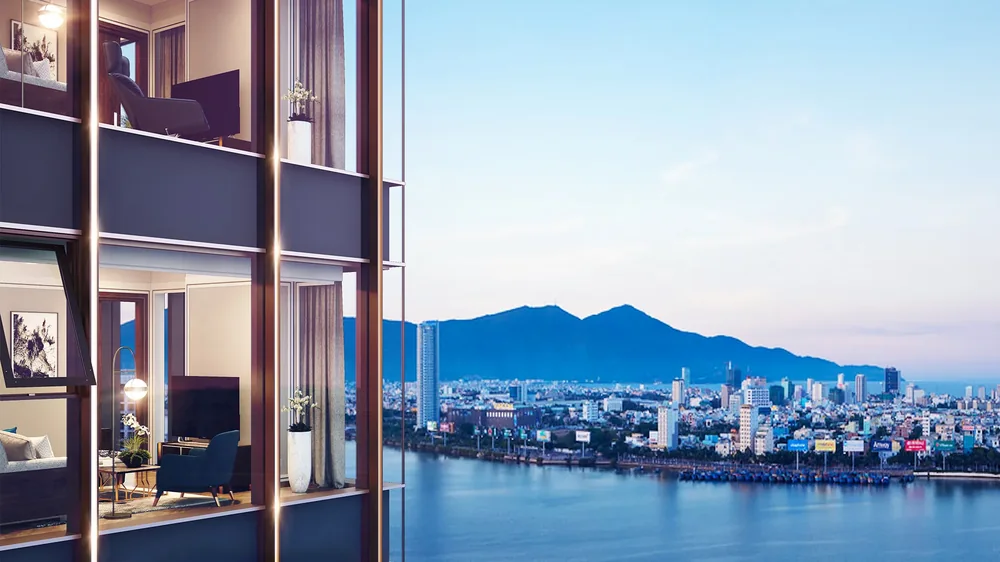 Tầm nhìn từ căn hộ M Landmark Residences ra sông Hàn, thành phố Đà Nẵng và dãy núi phía xa