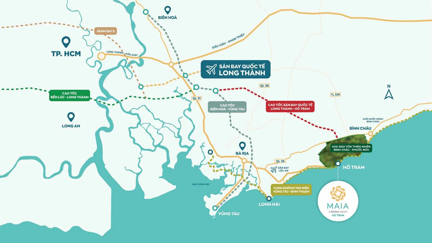 Bản đồ kết nối Maia Resort Ho Tram: sân bay Long Thành, cao tốc Biên Hòa – Vũng Tàu, cao tốc Long Thành – Hồ Tràm