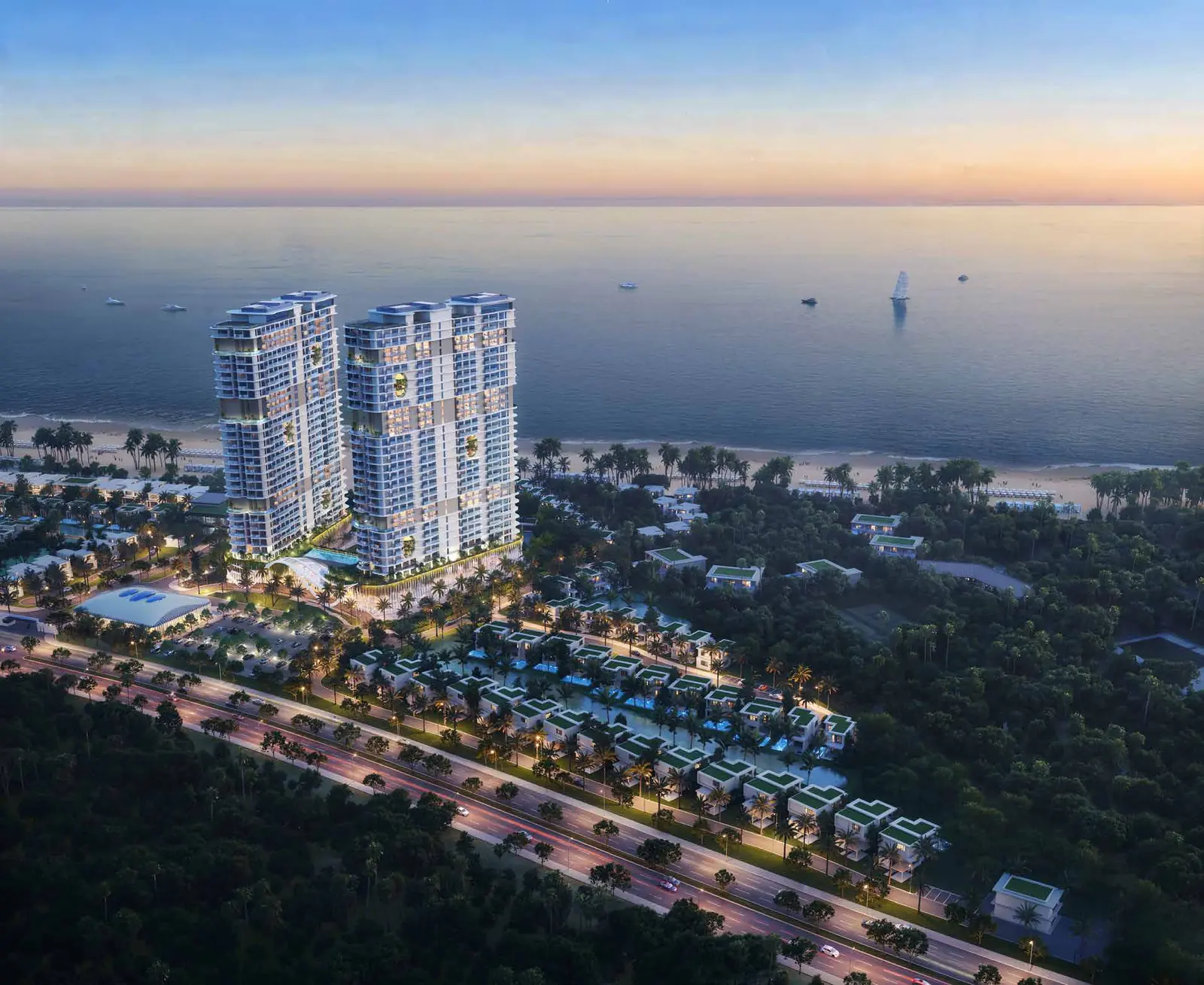 Hai tòa tháp Maia Resort Ho Tram và cụm villa lúc hoàng hôn bên biển Hồ Tràm (ảnh minh họa)