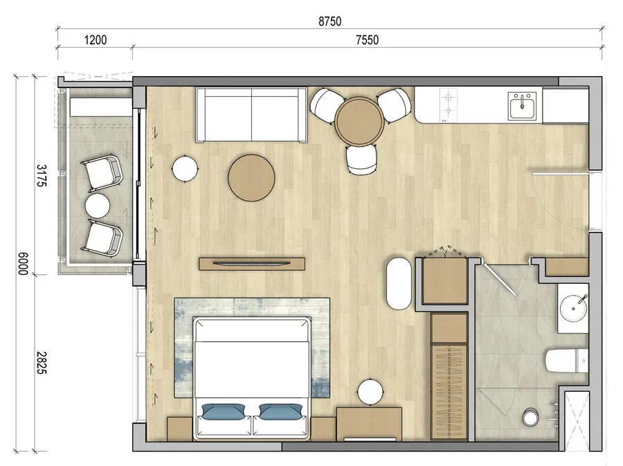 Mặt bằng căn hộ 1 phòng ngủ 49 m² Happy Tower – Maia Resort Ho Tram
