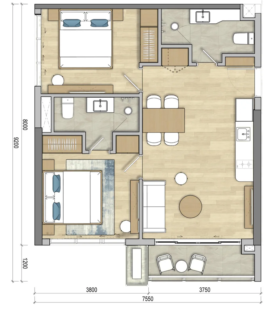 Mặt bằng căn hộ 2 phòng ngủ chuẩn 65 m² Happy Tower – Maia Resort Ho Tram