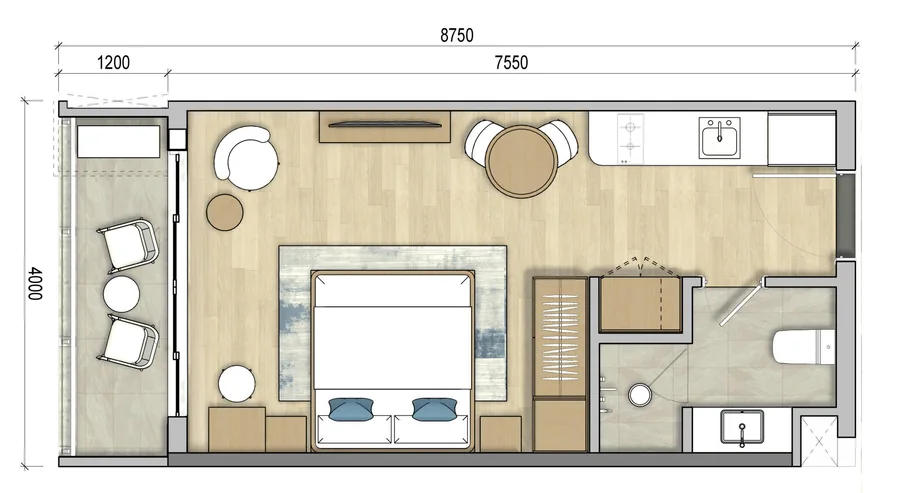 Mặt bằng căn hộ Studio 35 m² Happy Tower – Maia Resort Ho Tram