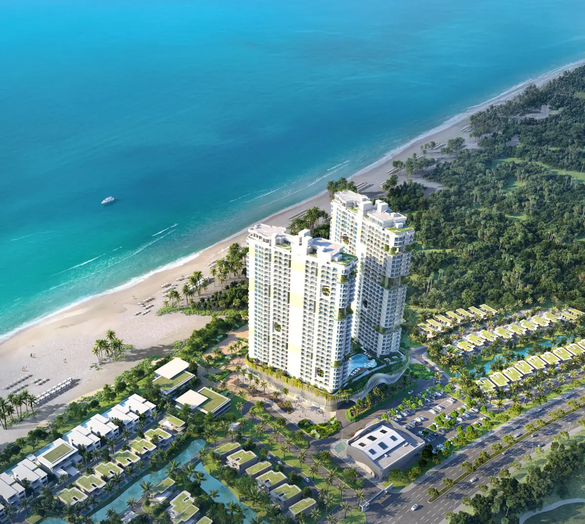 Phối cảnh trên cao Maia Resort Ho Tram: tòa tháp căn hộ, cụm villa và bãi biển Hồ Tràm (ảnh minh họa)