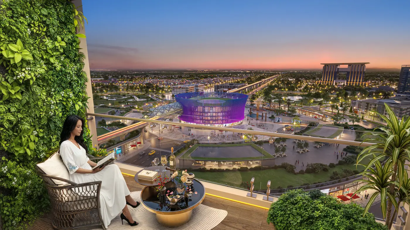 Ban công căn hộ Nam Mekong Grand Plaza nhìn ra vòng xoay WTC, nhà ga trung tâm và Trung tâm hành chính Bình Dương