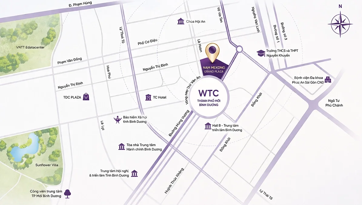 Bản đồ vị trí Nam Mekong Grand Plaza tại vòng xoay WTC, cạnh đường Lê Hoàn, gần Trung tâm hành chính và trường Nguyễn Khuyến