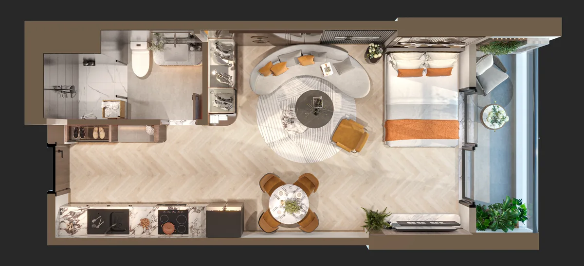 Phối cảnh 3D căn Studio Nam Mekong Grand Plaza: phòng khách, bếp, giường ngủ và ban công