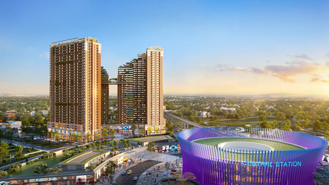 Hai tháp Nam Mekong Grand Plaza cạnh nhà ga Central Station, tuyến metro trên cao và vòng xoay WTC lúc hoàng hôn