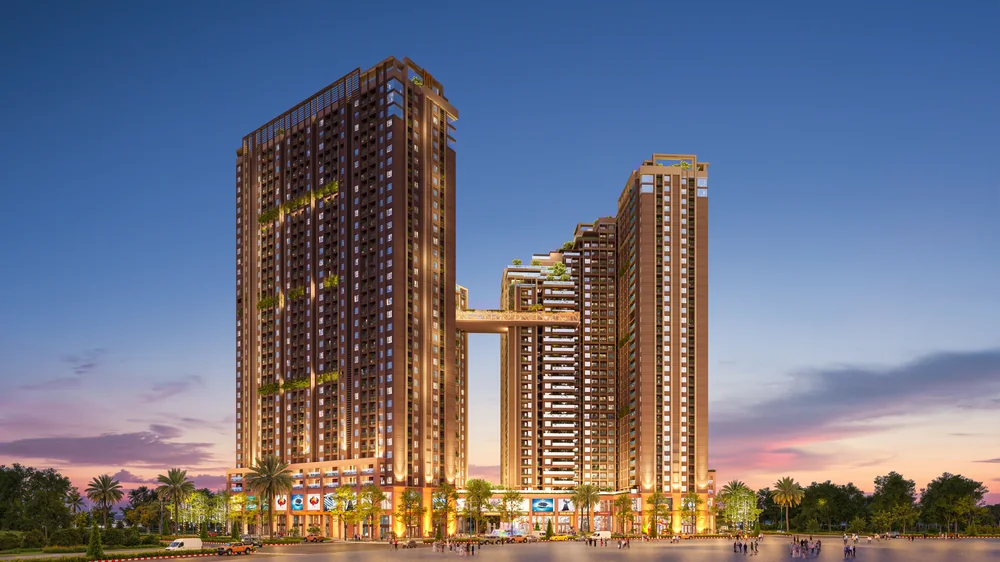 Hai tháp so le 30 tầng của Nam Mekong Grand Plaza với cầu nối kỹ thuật và gian lánh nạn tại tầng 20